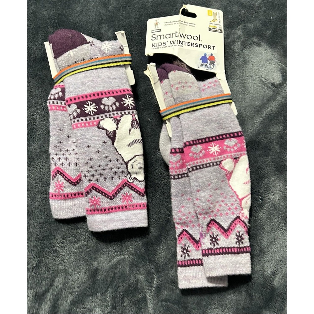 Smartwool Kids' Large Wintersport Lot of 2 Over The Calf Purple Bears Socks(A9)